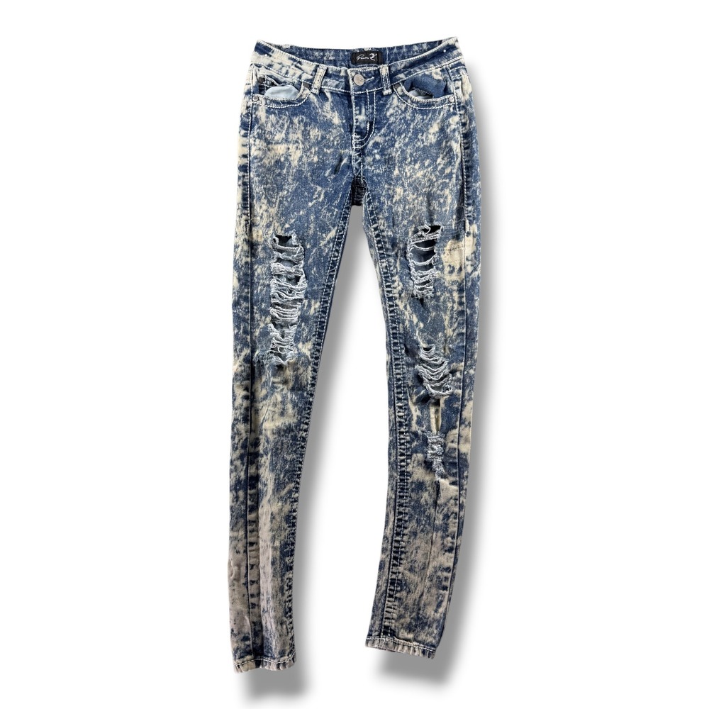 Favor 21 Womens Acid Wash Distressed Skinny Jeans Blue Size 5 Low Rise Edgy